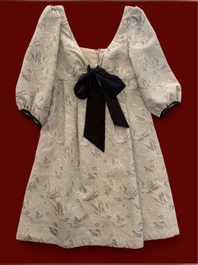 Vintage BCBG Cream Tailored Dress with Gray Flowers Damask Black with Bow Detail